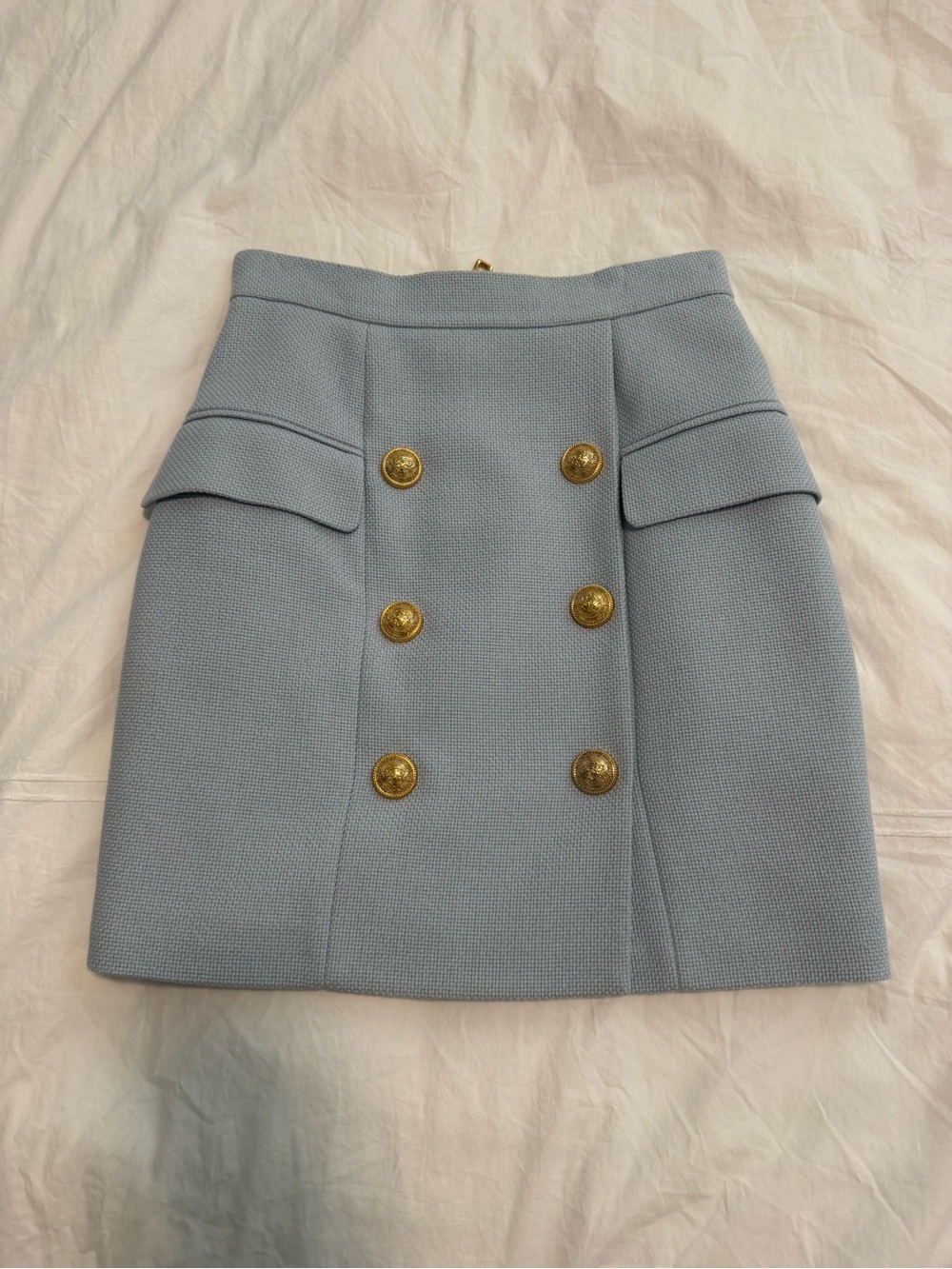 Balmain Pale Blue Double-Breasted Mini Skirt with Gold Buttons
